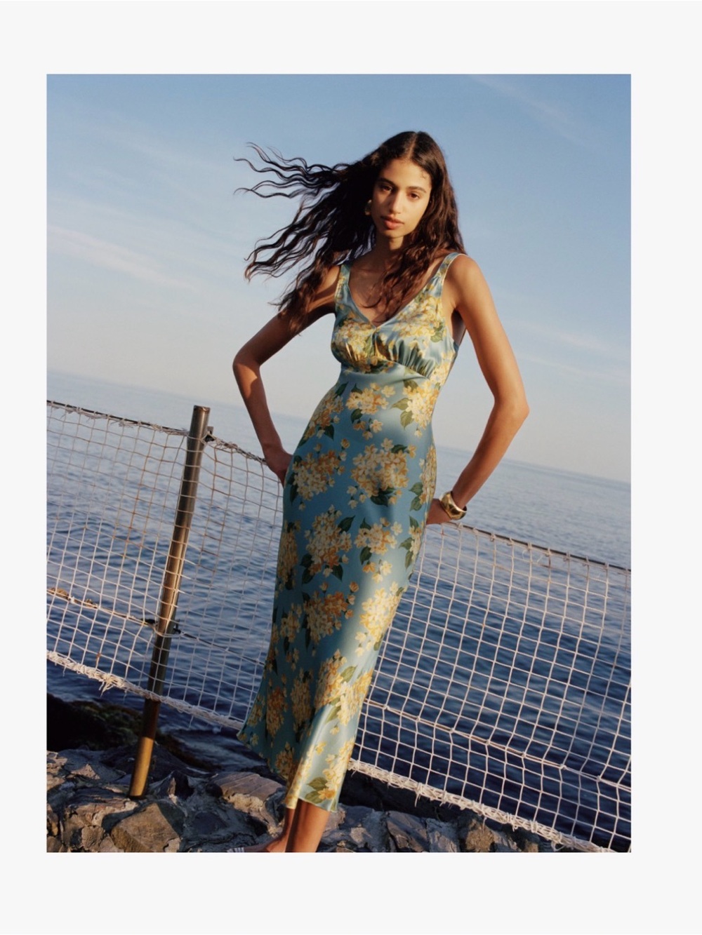 Reformation Daytona Satin Floral Slip Dress in Teal and Gold